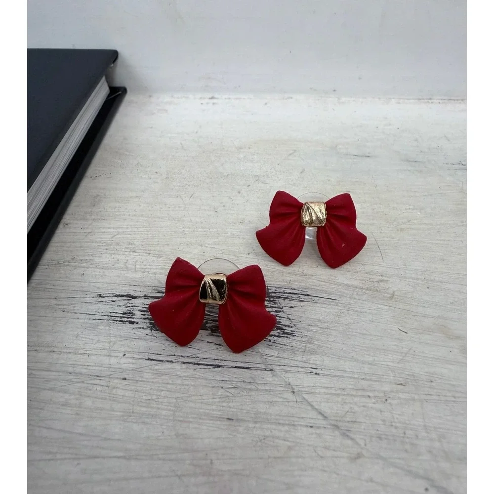 Red Bow Stud Earrings Gold Accent‎ | Cute Holiday Christmas Gift | NEW